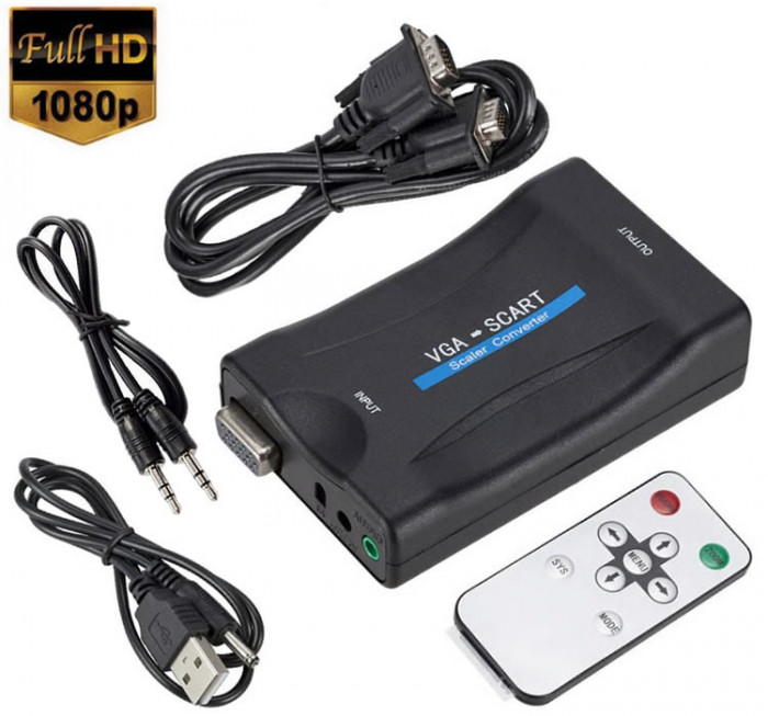 Adaptor VGA la Scart cu telecomanda, Active, Full HD, convertor analog video si sunet audio cu mufa mama Vga Euroscart, cablu alimentare USB 5V, compa