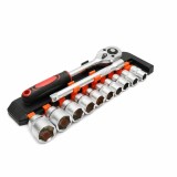 Cumpara ieftin Set chei tubulare 12 piese 3 8 inch, 10-24 mm, cu clichet reversibil si prelungitor 150 mm, crom vanadiu, pentru reparatii auto si bricolaj