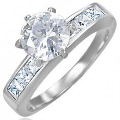 Inel de logodnă realizat din oţel,cu zirconiu proeminent în mijloc - Marime inel: 57