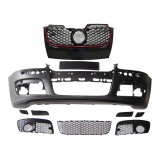 Set bara fata VW Golf V, 2003-2009, grunduit, de vopsit; type GTI; cu grile, cu bandouri; cu suport numar inmatriculare; cu gauri lampa ceata; Tuning,