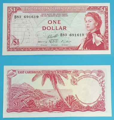 Statele Est Caraibeene 1 Dollar 1965 &amp;#039;Ţărm&amp;#039; aUNC+ serie: B83 691619 p13 foto