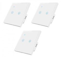 Set 3 Intrerupatoare inteligente duble cu touch Brius&trade;, Wi-Fi, nul, sticla securizata, LED noapte/zi, Tuya, Life Smart, compatibil Amazon Alexa/Google