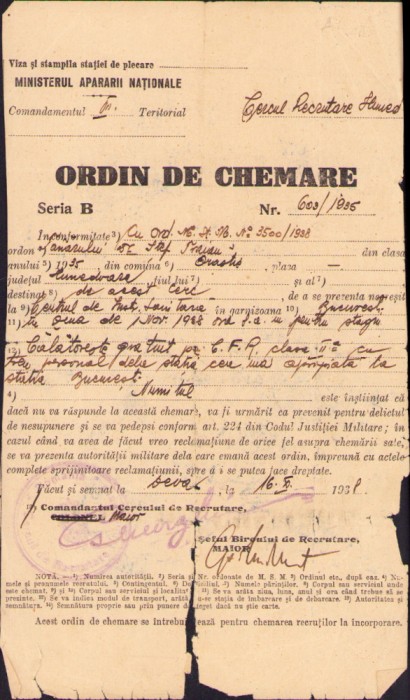 HST A862 Ordin de chemare 1935 Deva