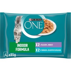 PURINA ONE INDOOR cu ton ?i fasole verde in suc propriu, cu carne de vi?el ?i morcovi in suc, 4 x 85 g foto