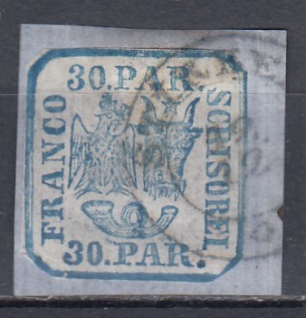 ROMANIA 1862 LP 10 PRINCIPATELE UNITE EMISIUNEA I - 30 PARALE/FRAGMENT STAMPILAT foto