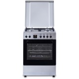 Aragaz SM663AENS1 INOX, 4 arzatoare pe gaz, cuptor electric, 7 functii, 60 cm, Clasa A, 1 arzator WOK, gratar din fonta, aprindere electrica, ventilat, Samus