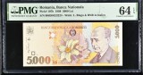 (2) BANCNOTA ROMANIA - 5000 LEI 1998, FILIGRAN BNR ITALIC, GRADATA PMG - 64 EPQ
