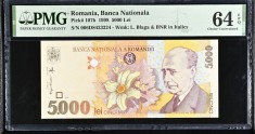 (2) BANCNOTA ROMANIA - 5000 LEI 1998, FILIGRAN BNR ITALIC, GRADATA PMG - 64 EPQ
