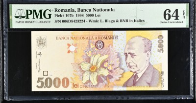 (2) BANCNOTA ROMANIA - 5000 LEI 1998, FILIGRAN BNR ITALIC, GRADATA PMG - 64 EPQ foto