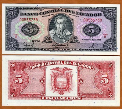 !!! ECUADOR - 5 SUCRES 1988 - P 113 d - UNC / SEMNATURILE DIN SCAN / SERIA IE foto