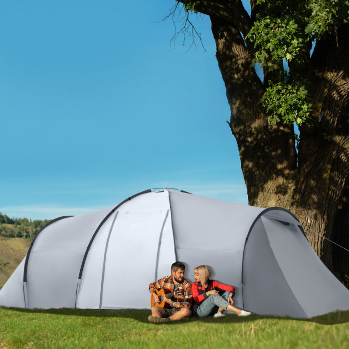 Outsunny Cort de Camping pentru 4-5 Persoane cu 2 Camere, Cort de Camping pentru Familie Impermeabil cu Baldachin, 590x245x193cm, Gri