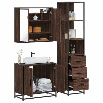 Set mobilier de baie, 3 piese, stejar maro, lemn prelucrat foto