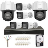 Sistem supraveghere IP complet Hikvision 4 camere fixe + 2 camere rotative 4MP IR/lumina alba Speaker, NVR 8 canale PoE, HDD 2TB SafetyGuard Surveilla