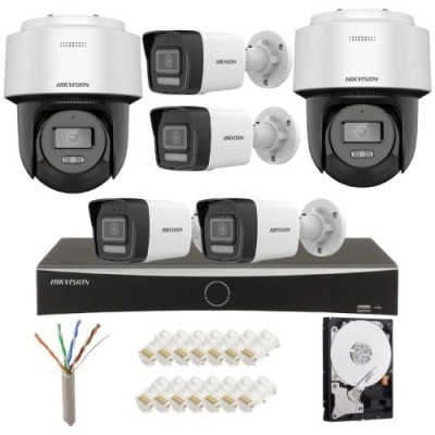 Sistem supraveghere IP complet Hikvision 4 camere fixe + 2 camere rotative 4MP IR/lumina alba Speaker, NVR 8 canale PoE, HDD 2TB SafetyGuard Surveilla foto