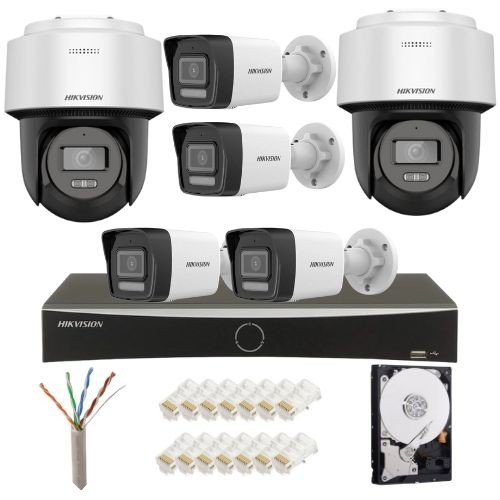Sistem supraveghere IP complet Hikvision 4 camere fixe + 2 camere rotative 4MP IR/lumina alba Speaker, NVR 8 canale PoE, HDD 2TB SafetyGuard Surveilla