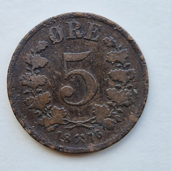 Norvegia 5 ORE 1876 moneda bronz km # 349 tiraj mic regele Oscar II