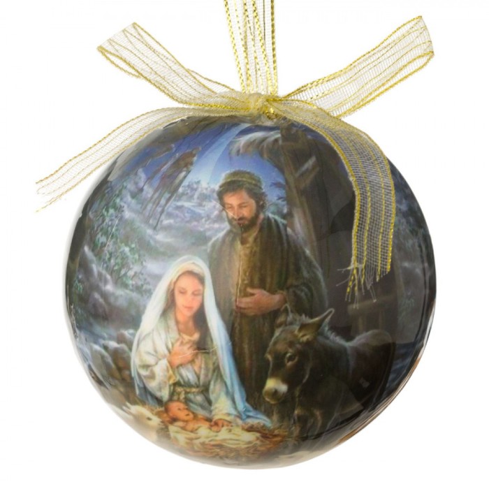 Glob Brad Crăciun, Model Nașterea lui Iisus, Culoare Albastru, Diametru 7.5 cm