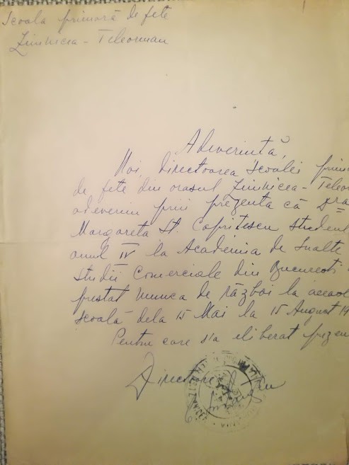 1944 Adev. Școala primară fete Zimnicea, Teleorman, Margareta Șt. Caprițescu