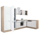 Mobilier de bucătărie de colț Yorki 340, cu corp din stejar Sonoma, fațade albe cu finisaj satinat, cu element inferior pentru cuptor, dulap cu raftur