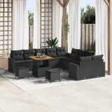 Set de canapea de grădină cu 13 piese, cu perne, din rattan negru din poliester și lemn de acacia