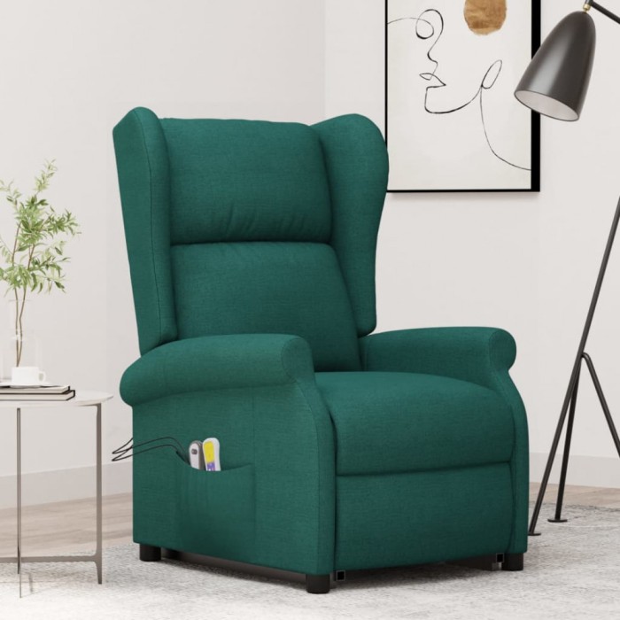 vidaXL Fotoliu de masaj cu ridicare, verde &icirc;nchis, material textil