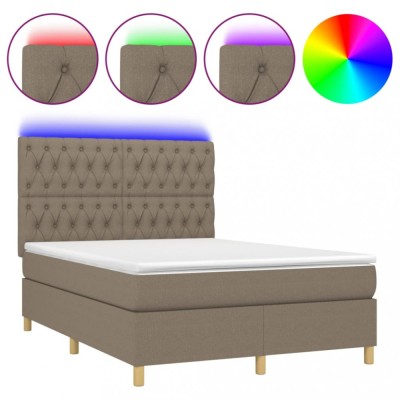 Pat cu arcuri, saltea si LED, gri taupe, 140x200 cm, textil foto