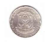 Moneda Filipine 25 centavos 1966, sase inele de fum, uzata, curata, Asia, Cupru-Nichel