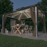 VidaXL Pavilion cu perdele&amp;șiruri lumini LED gri taupe 4x3m aluminiu