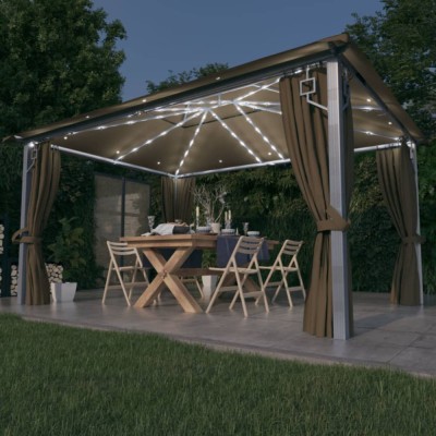 Pavilion cu perdele&amp;amp;șiruri lumini LED gri taupe 4x3m aluminiu foto