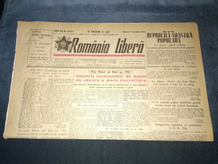 ZIARUL ROMANIA LIBERA 4 IANUARIE 1950