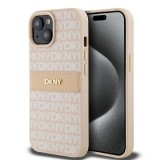Husa piele iPhone 15 DKNY Leather Mono Stripe &amp; Metal Logo, roz, DKHCP15SPRTHSLP