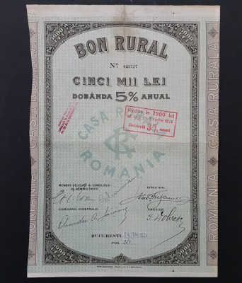 Bon rural de 5000 lei 1924 de la banca Casa rurala , titlu , actiuni , actiune foto