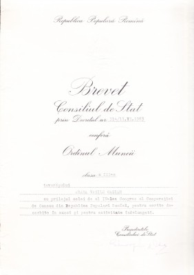 AMS# - BREVET ORDINUL MUNCII CL. III, 1963 foto