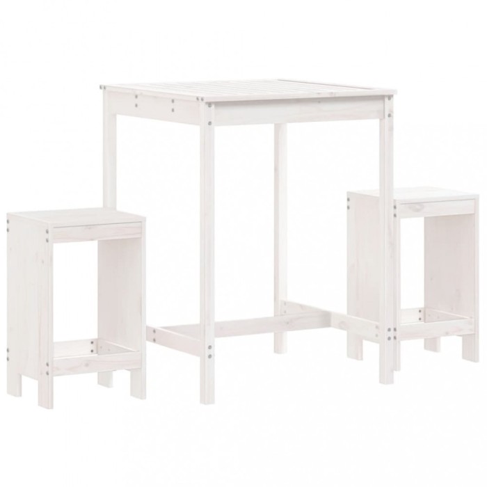 Set bar de gradina, 3 piese, alb, lemn masiv de pin