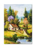 Cumpara ieftin Tablou peisaj din natura cu casa si capite de fan pictat manual, Oaza de liniste, 70x50cm ulei pe panza