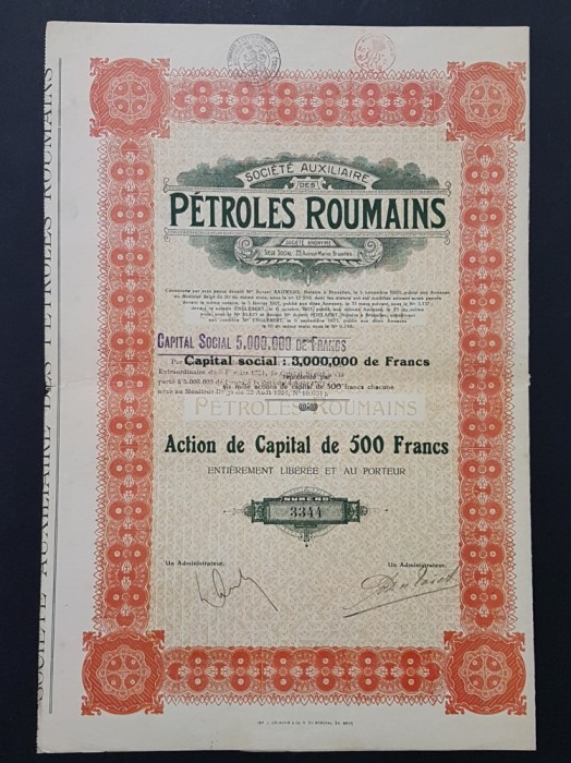 Actiune 1920 soc. Petrolul romanesc , titlu , actiuni , petrol