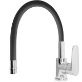 Baterie bucatarie Idrobric Torpedo, pipa inalta orientabila, cartus ceramic, racord flexibil inox F3/8, 40 cm, kit de montaj rapid, Crom lucios/negru