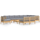 Set mobilier de gradina cu perne, 11 piese, gri, lemn masiv pin