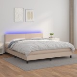VidaXL Pat cu arcuri, cu saltea și LED, cappuccino 160x200cm piele eco