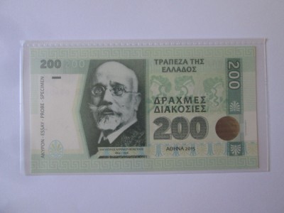 Grecia 200 Drahme 2015 UNC,bancnotă specimen emisiune privată ediție limitată foto