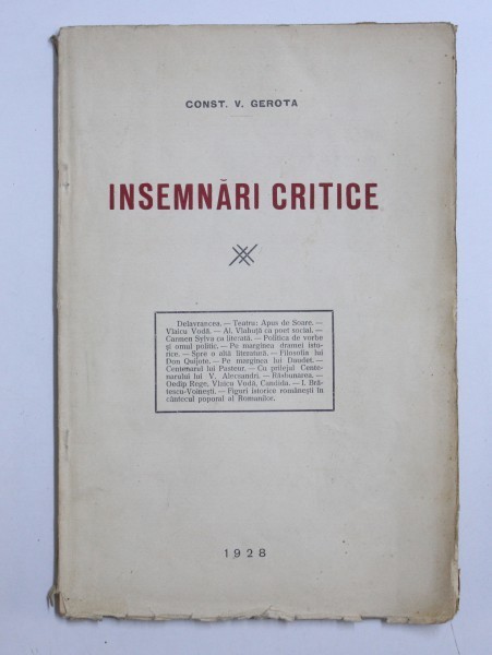 INSEMNARI CRITICE de CONST. V . GEROTA ,1928