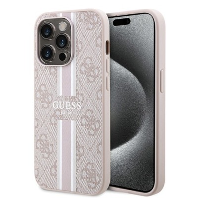 Husa pentru iPhone 15 Pro Max - Guess Hardcase 4G Printed Stripes MagSafe (GUHMP15XP4RPSP) - Pink foto