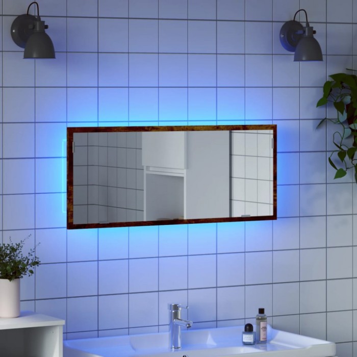 Gossi oglinda de baie led stejar fumuriu 100x8,5x37 cm lemn prelucrat