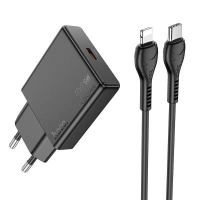 Incarcator Telefon HOCO N37, Slim, USB-C QC PD 30W + Cablu USB-C to Lightning, Black foto