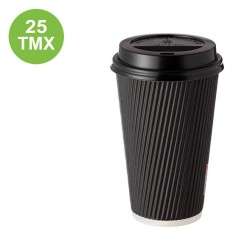 Set Pahare Carton Cu Capace, Ripple Negre, Capacitate 480ml, 25 Bucăți