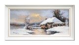 Cumpara ieftin Tablou peisaj de iarna pictat manual inramat, La moara cu noroc, 70x35cm ulei pe panza, Geo Ungureanu