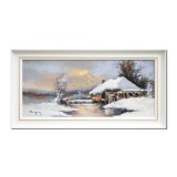 Tablou peisaj de iarna pictat manual inramat, La moara cu noroc, 70x35cm ulei pe panza, Geo Ungureanu