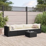 Set șezlonguri de grădină, 5 piese, cu perne, negru, poliratan