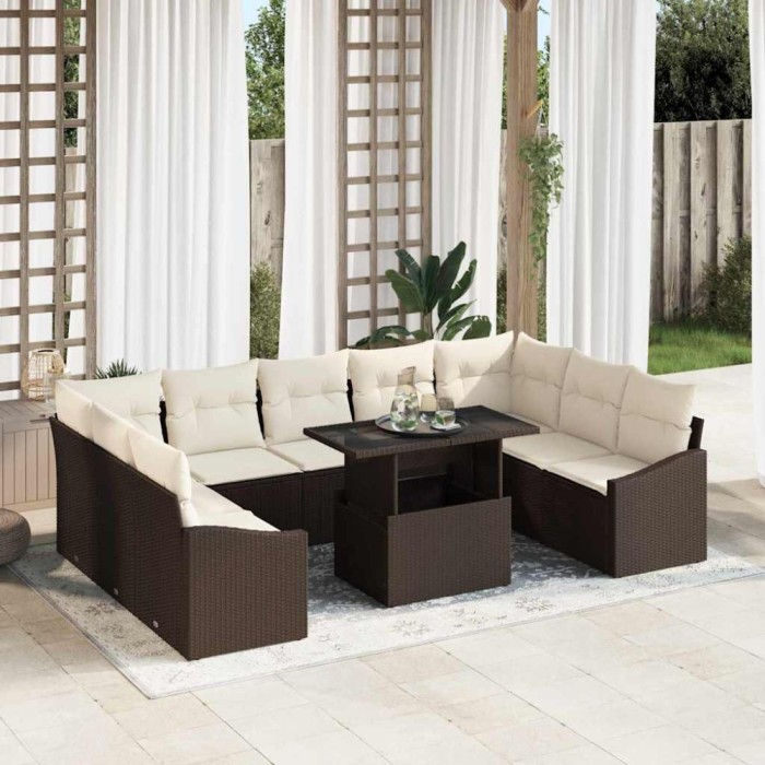 vidaXL Set de canapele pentru grădină cu pernă 10 pcs Maro, Crem