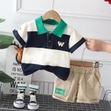 Costumas pentru baietei cu tricou tip polo in dungi bleumarine si ivoire, Superbaby